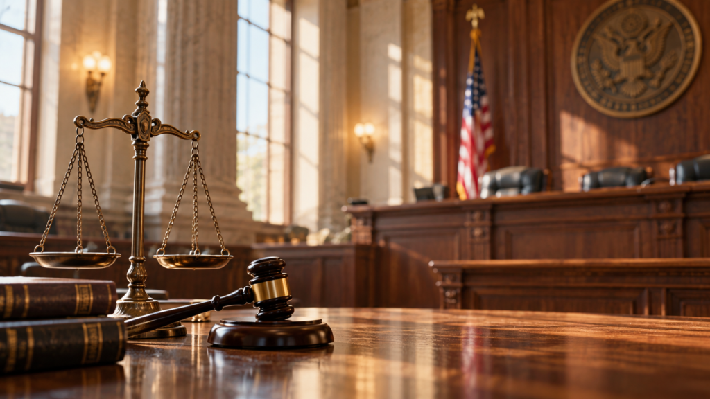 Scales and Gavel in Courtroom Light
